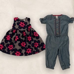2 Carter’s 12m outfits. Floral dress and denim romper.